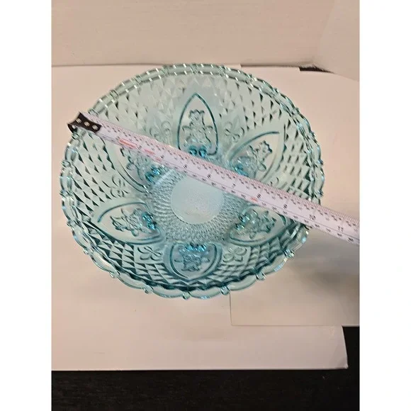 Vtg KIG Malaysia Aquamarine Pressed Glass Footed Serving Bowl Fleur De‎ Lis Rose - Picture 8 of 9